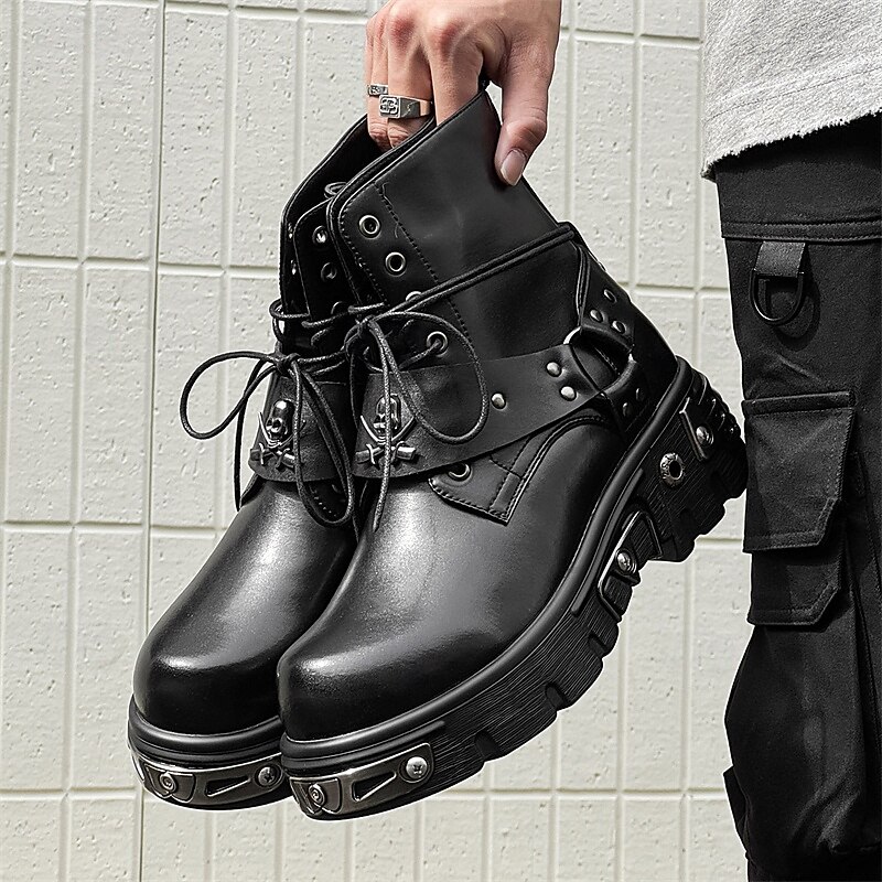 Men's Black Gothic Rivet Lace-Up Boots – Punk Rock Platform Ankle Boots for Halloween, Concerts & Streetwear3