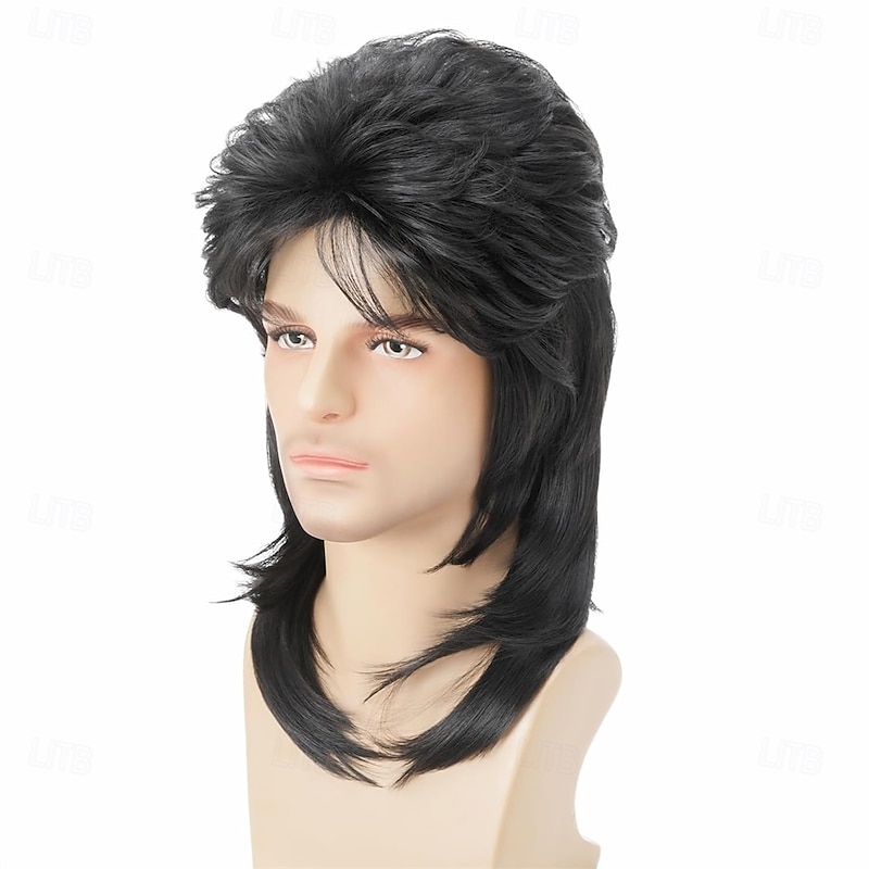 Mullet Wig Black 80s Men WigPunk Rocker Hair Party Daily Halloween Costumes Long Wigs2