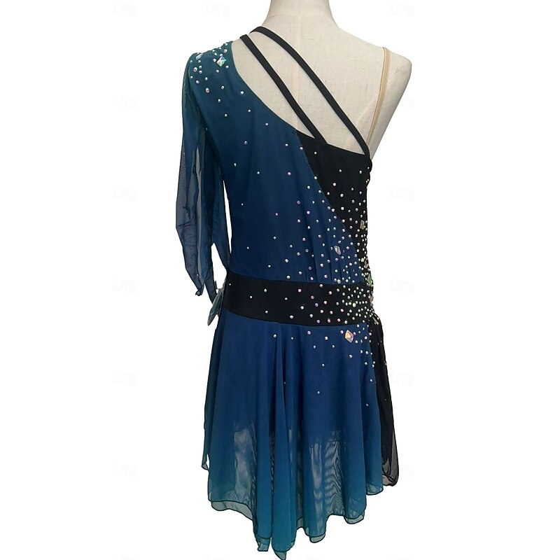 Figure Skating Dress Women's Girls' Ice Skating Dress Outfits Blue Mesh Spandex High Elasticity Competition Skating Wear Crystal / Rhinestone Short Sleeve Ice Skating Figure Skating2