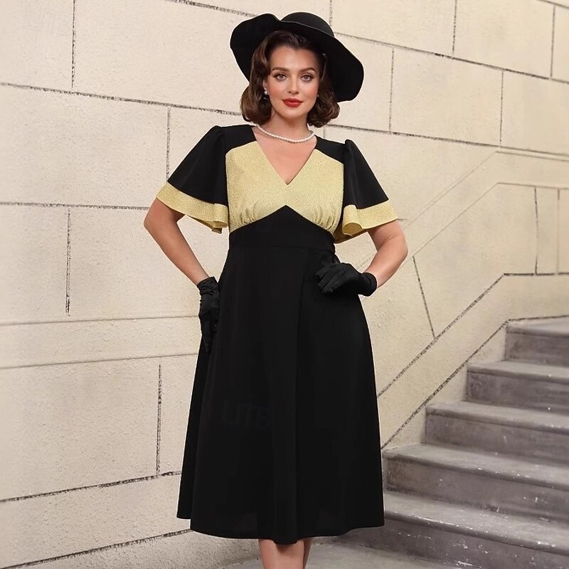 Retro Vintage 1950s Rockabilly Midi Cocktail Dress A Line Dress Flare Dress Plus Size A-Line V Neck Fancy Dress Women's Vacation Homecoming Party & Evening Adults Dress Spring & Summer
