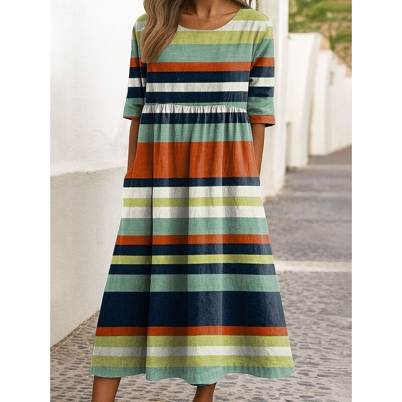 Women's Midi Dress A Line Dress Summer Dress Vacation Casual Holiday Regular Fit Graphic Geometric Half Sleeve Crew Neck Pink Red Blue Green Summer Spring3