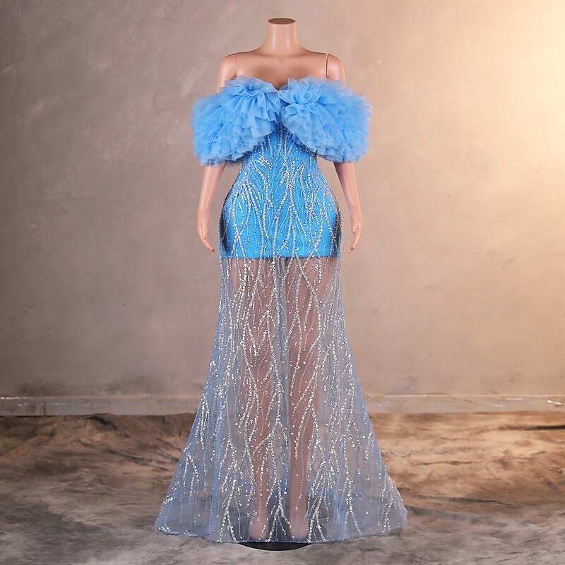 Mermaid / Trumpet Evening Gown Elegant Dress Formal Prom Sweep / Brush Train Sleeveless Off Shoulder Lace with Sequin Embroidery - Main Image