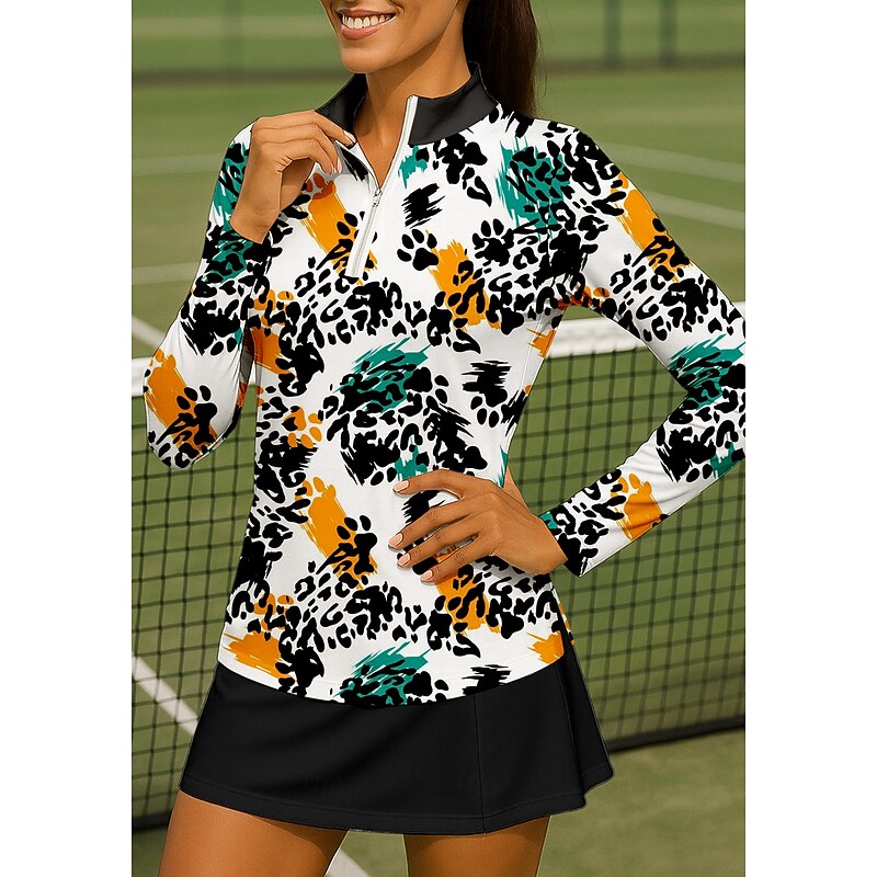 Women's Animal Leopard Sport Shirt Golf Polo Shirt Tennis Shirt Tennis Top Long Sleeve Zipper Floral UPF50+ UV Resistant High Elasticity Moisture Wicking Breathable Tennis Golf Pickleball Stand