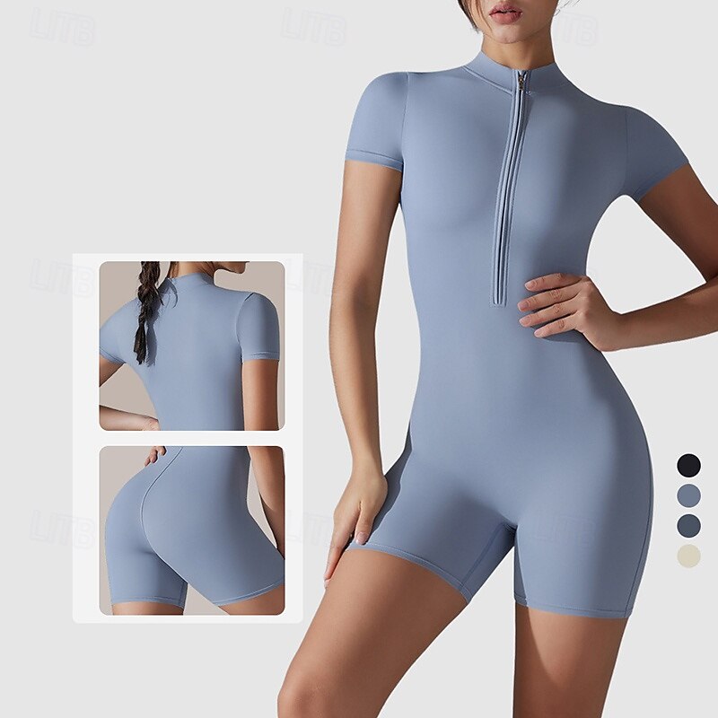 Women's Scrunch Yoga Romper Workout Jumpsuits Zipper Solid Color Bodysuit Black Blue Gym Workout Volleyball Running High Waist Stretchy Breathable Tummy Control Short Sleeve Sport Activewear Tight Fit