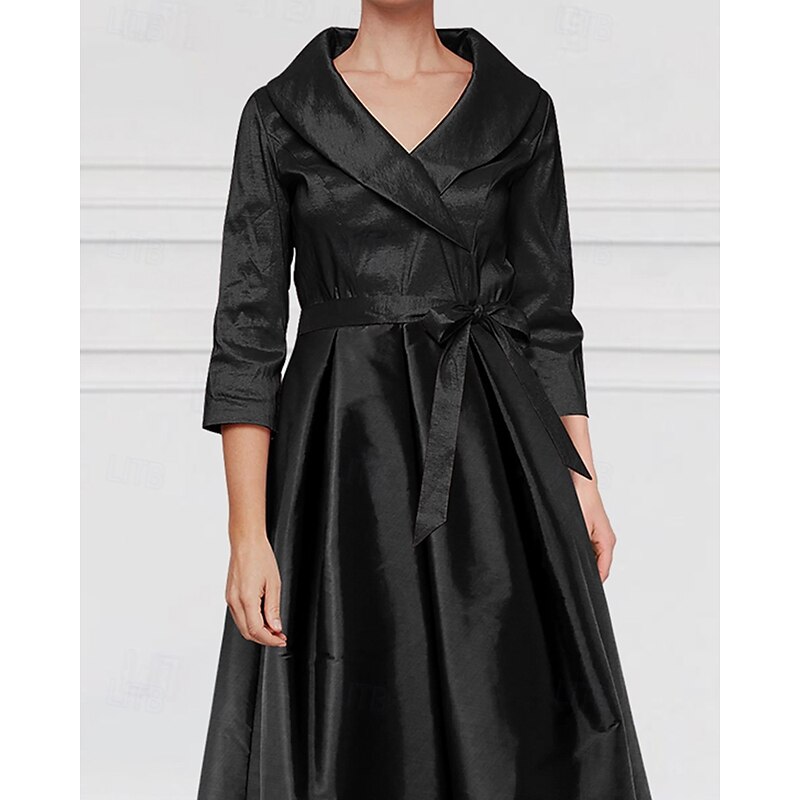 A-Line Portrait Collar Mother of the Bride Dress Stretch Taffeta Elegant Simple Minimalist V Neck Tea Length  Midi Length 3/4 Length Sleeve with Bow(s) Pleat2