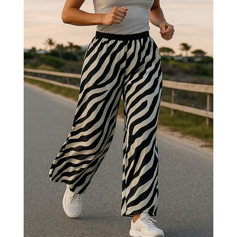 Women's Wide Leg Pants Casual Pants Pocket High Waist Bottoms Athleisure Gym Workout Fall Breathable Outdoor Loose Fit Sportswear Activewear Stripes Black3