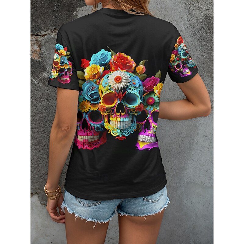 Halloween Women's T Shirt Skulls Floral Graphic Vintage Stylish Classic Short Sleeve V Neck Regular Tops Daily Print Black Orange Gray Summer Spring2