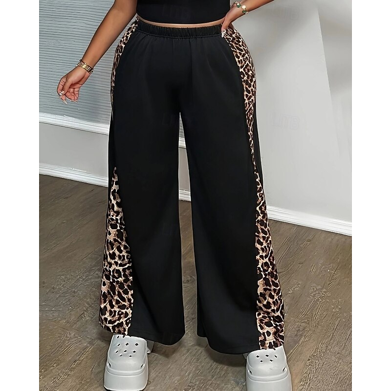 Women's Wide Leg Slacks Streetwear Casual Full Length Natural Leopard Patchwork Elastic Waist Comfortable Outdoor Vacation Going out Black Fall Regular Fit