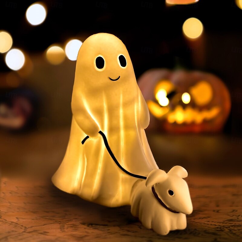 1 Pc Halloween 25cm Cute Ghost Leading Lamb USB Light Indoor and Outdoor Courtyard Bedroom Restaurant Atmosphere Decoration Resin Ornament Light2