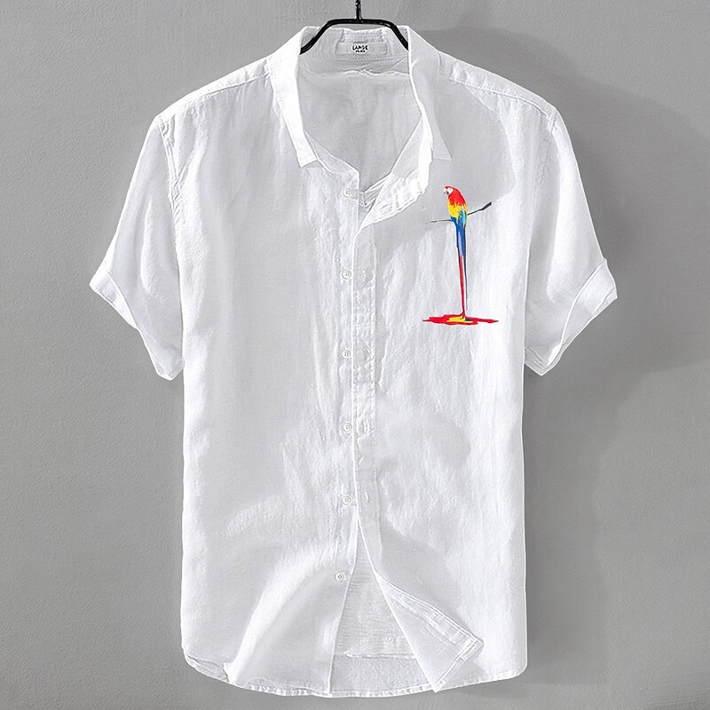 Men's Shirt Linen Shirt Summer Shirt Beach Shirt Button Up Shirt Bird Vacation Casual Black White Pink Blue Short Sleeve Turndown Summer Clothing Apparel