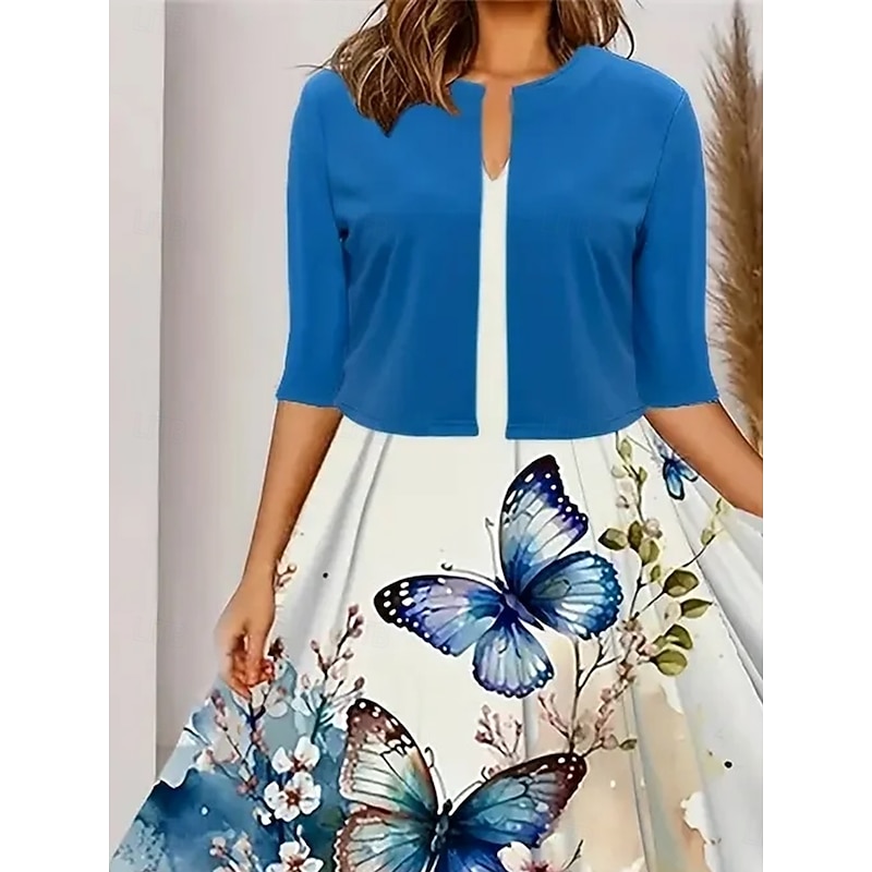 Women's Two Piece Dress Sets Midi Dress with Jacket Elegant A Line Dress Half Sleeve Casual Semi Formal Floral Graphic Print Short Sleeve Crew Neck Date Sky Blue Regular Fit2