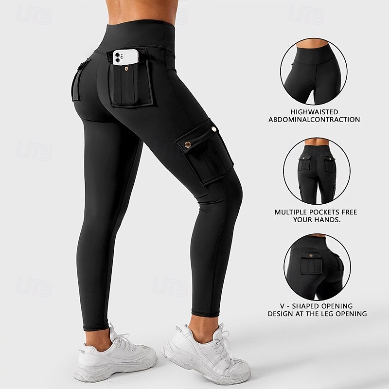 Women's Cargo Pants Yoga Leggings Pocket Tummy Control High Waist Gym Dance Athletic Bottoms Solid Color Black Fall Sports Activewear Tight Fit2