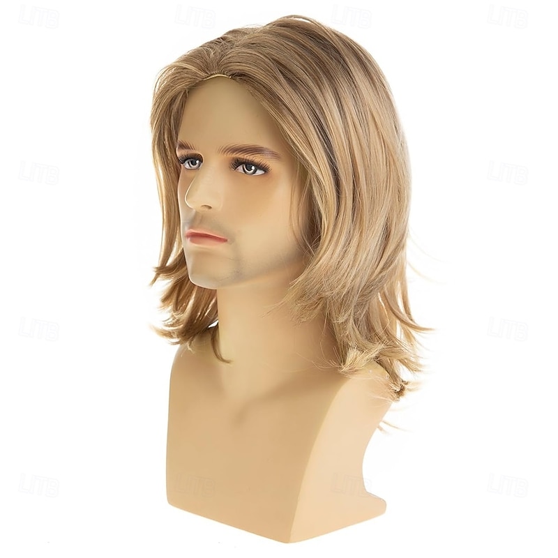 Mens Blonde Wig Short Layered Natural Synthetic Halloween Cosplay Costume Party Full Wigs2