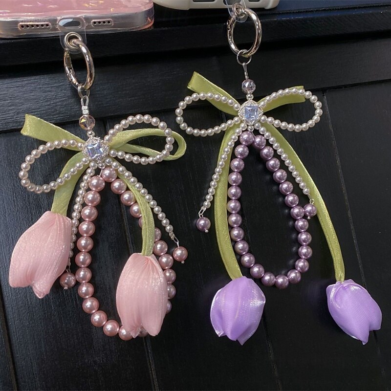 New Fashion Pearl Water Diamond Tulip Flower Mobile Phone Premium Hanging Chain Mobile Pendant Bag Pendant2