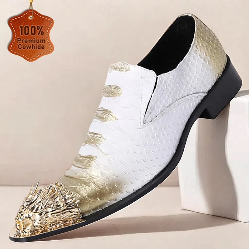 Men's White and Gold Genuine Cowhide Loafers with Studded Metal Toe Modern Punk Style Dress Shoes for Nightlife Parties Stage Performances