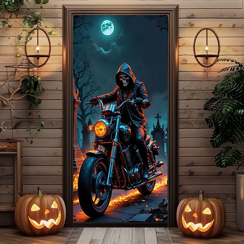 Halloween Door Covers Door Death Motorcycle Tapestry Door Curtain Decoration Backdrop Door Banner for Front Door Farmhouse Holiday Party Indoor Outdoor Decor Supplies2