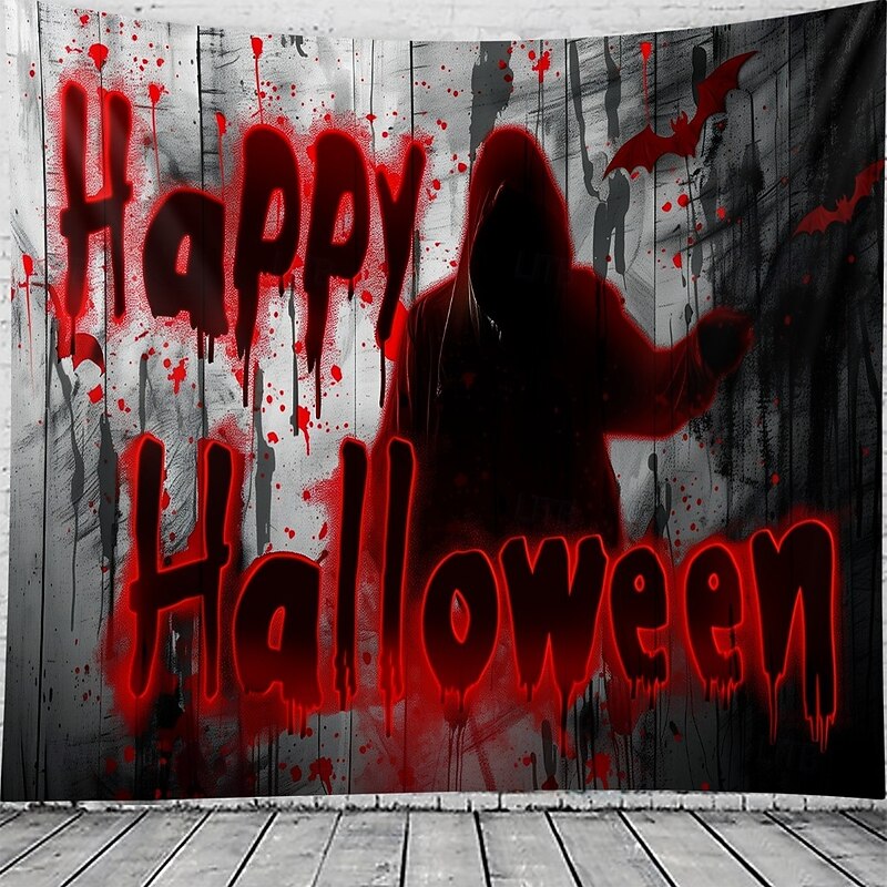 Halloween Horror Wall Tapestry – Shadow Figure with 'Happy Halloween' Blood Red Lettering, Creepy Path Scene, Gothic Backdrop for 2025 Halloween Living Room, Bedroom, Haunted House Decoration2