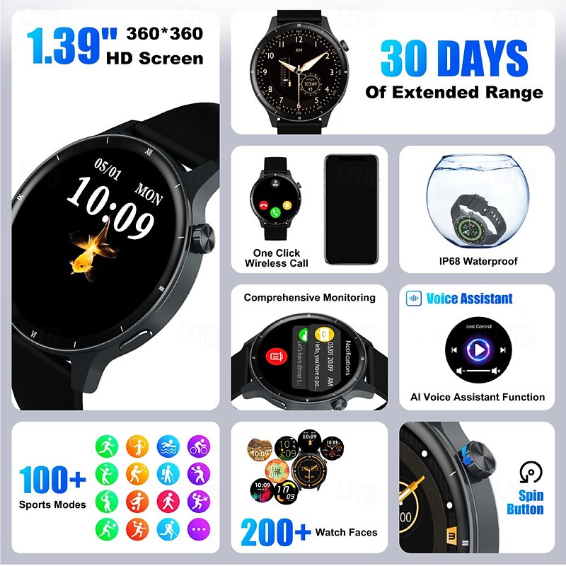 V15Z Smart Watch 1.39 inch Smartwatch Fitness Running Watch Bluetooth Pedometer Call Reminder Activity Tracker Compatible with Android iOS Men Long Standby Waterproof Media Control IP 67 22mm Watch4