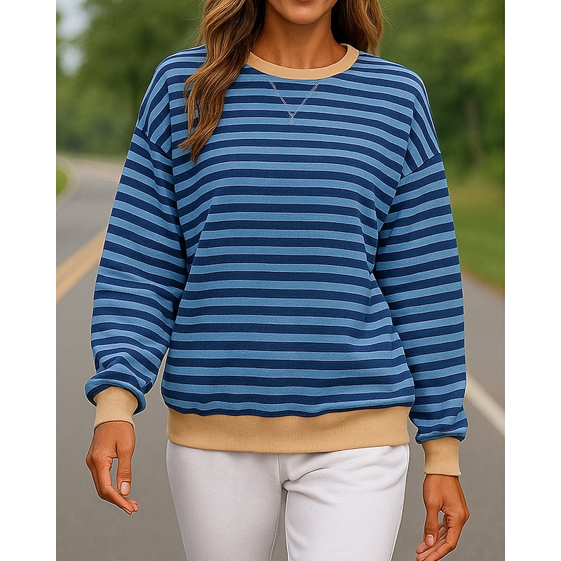 Women's Pullover Sweatshirt Casual Tops Long Sleeve Top Athleisure Fall Striped Cotton Sun Protection Windproof Outdoor Running Sportswear Activewear Blue3