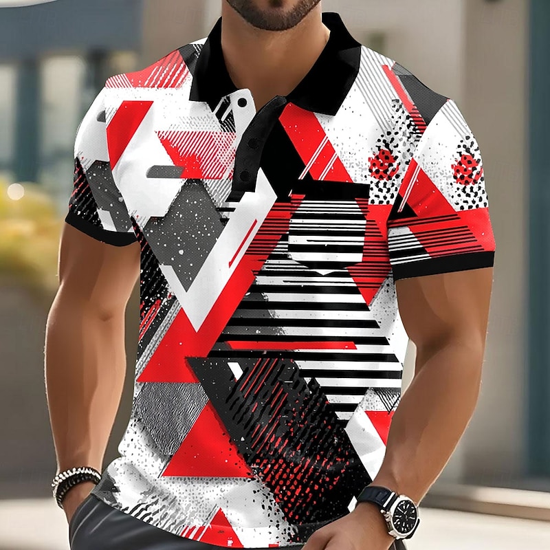 Men's Geometric Polo Short Sleeve Polo Shirts Collared Shirts Casual Outdoor Athleisure Daily Wear Pocket 3D Print Buttons Summer Red Blue Orange2