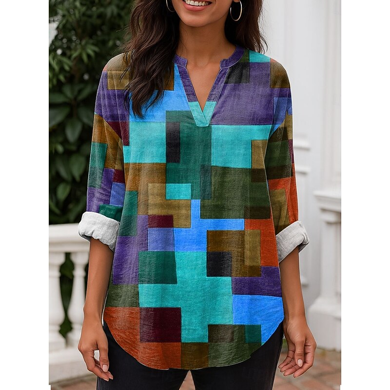 Women's Blouse Tunic V Neck Long Sleeve Boho Casual Tops Graphic Geometric Daily Stylish Regular Tops Work Daily Print Yellow Red Blue Purple3