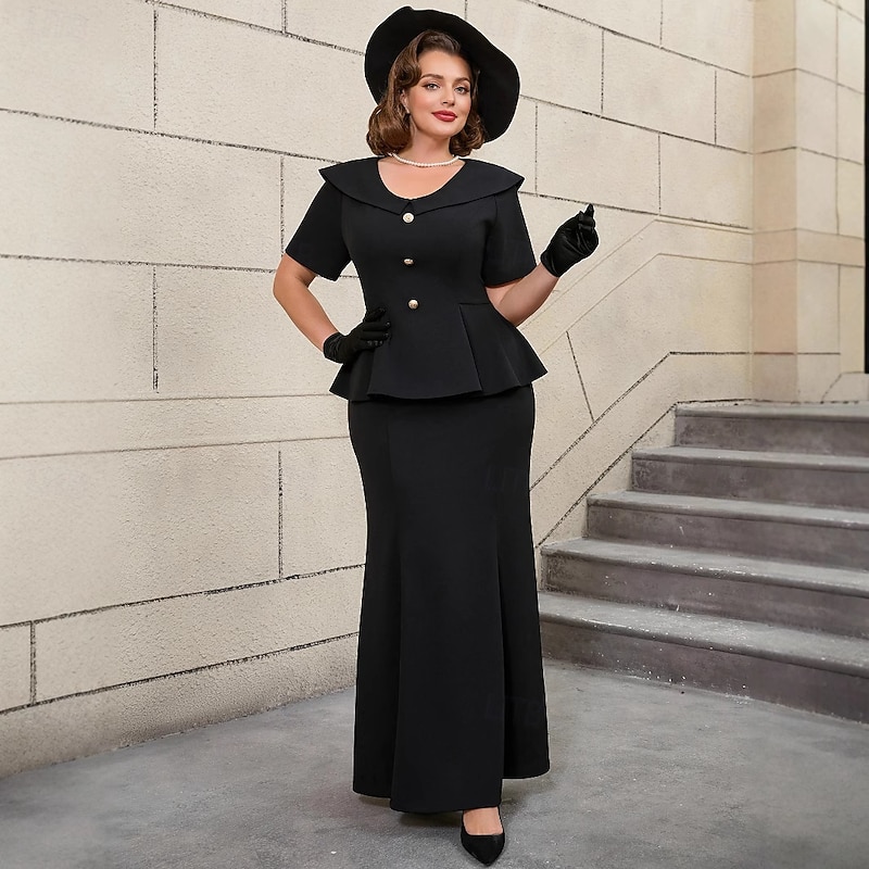 Retro Vintage 1950s 1960s Mermaid Skirt Two Pieces Set Peplum Top Plus Size Fit and Flare Fancy Dress Women's Formal Office / Career Party & Evening Adults' Top Skirt Fall Spring & Summer2