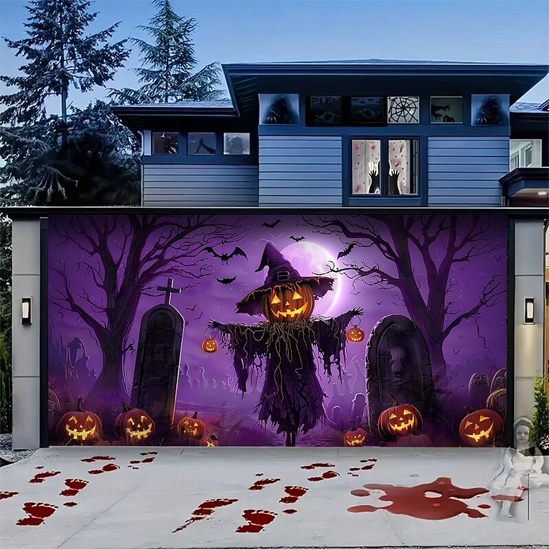 Halloween Garage Door Cover Neon Scarecrow in Haunted Graveyard Banner, Glowing Blacklight Backdrop Decoration for Holiday Outdoor Garage Door and Home Wall, 2025 Halloween Decorations4