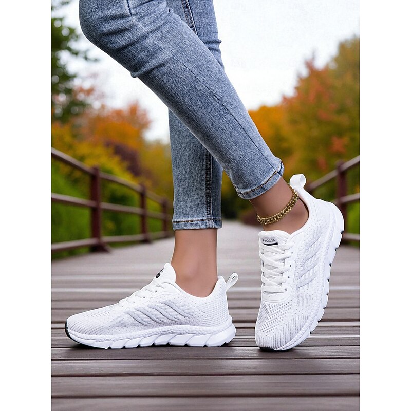 Women's White Flyknit Running Sneakers – Lightweight Breathable Walking Shoes for Summer to Fall Transitions, Sports and Daily Fitness2