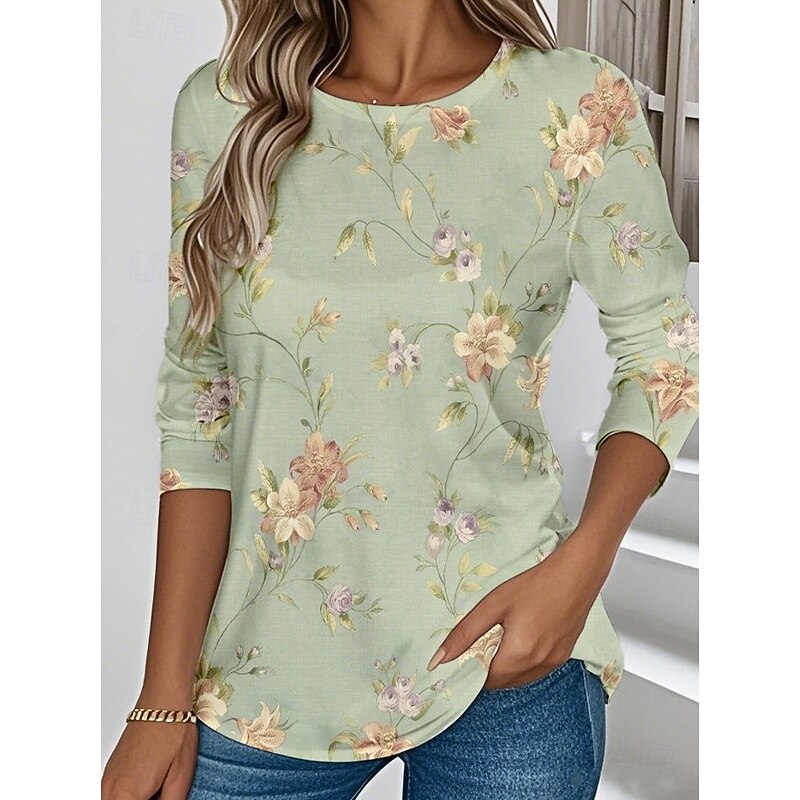 Easter Women's T shirt Long Sleeve Crew Neck Long Sleeve Tunic Floral Graphic Plants Vintage Stylish Classic Round Neck Regular Tops Daily Print Pink Purple Green Fall Prefall