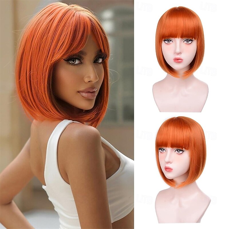Short Bob Wigs With Bangs - Straight bob wig for women Ginger 12inch Synthetic wig Heat Resistant Fiber Hair Natural and stylish look suitable for cosplay parties