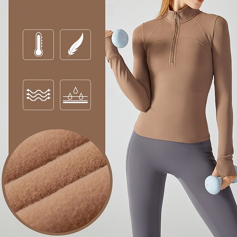 Women's Fleece Sweatshirt Stand Collar Warm Moisture Wicking Half Zip Long Sleeve Sports Solid Color Top For Gym Gym Workout Fitness Slim Activewear