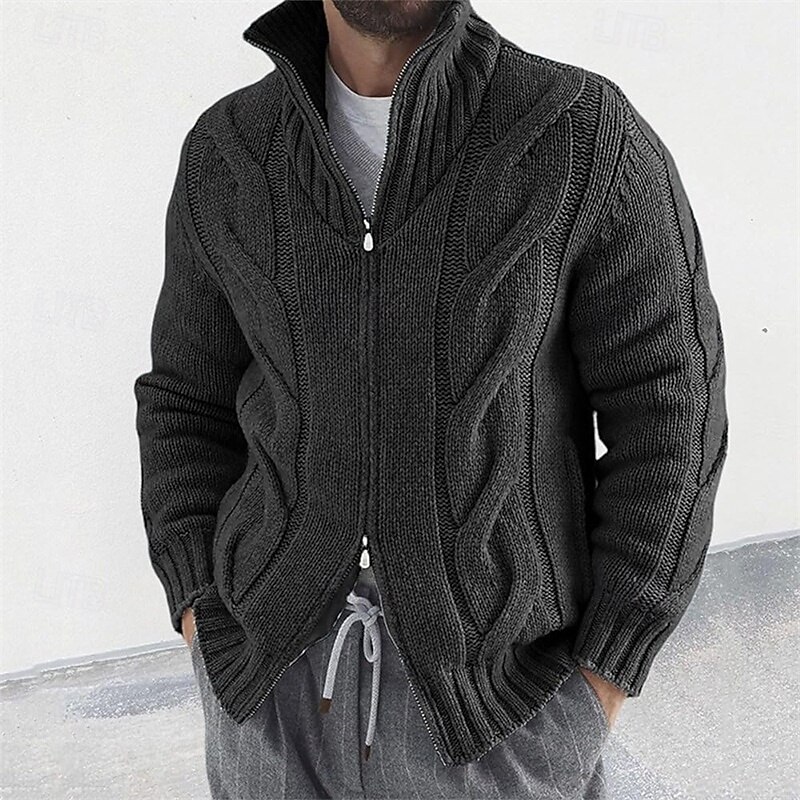 Men's Sweater Cardigan Sweater Cable Knit Regular Tops Knitted Plain High Neck Vacation Fashion Casual Daily Wear Clothing Apparel Spring &  Fall Black Pink S M L4