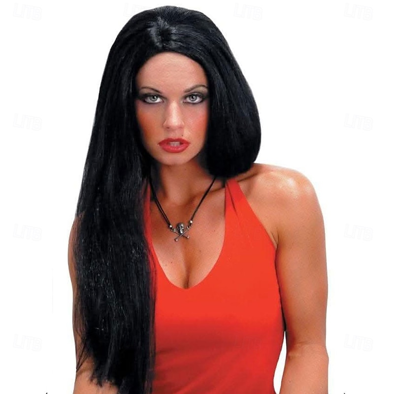 Straight Black Synthetic Wig – Halloween Costume Hair for Women, Perfect for Cosplay, Party & Everyday Gothic Style
