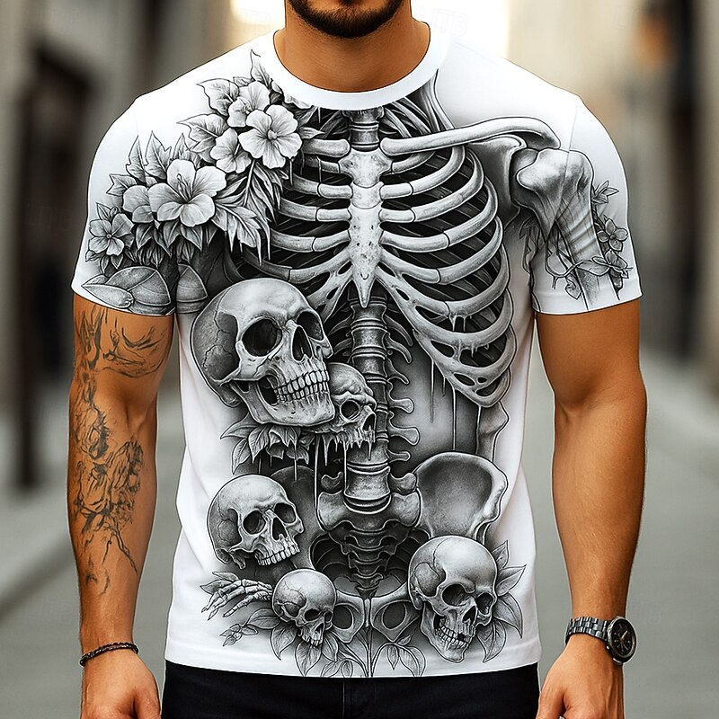 Halloween Men's Optical Illusion 3D Skeleton T Shirt Short Sleeve T shirt 3D Print Crew Neck Shirt Exaggerated Designer Horror Party Street Casual White Yellow Blue Summer Spring All Seasons Clothing