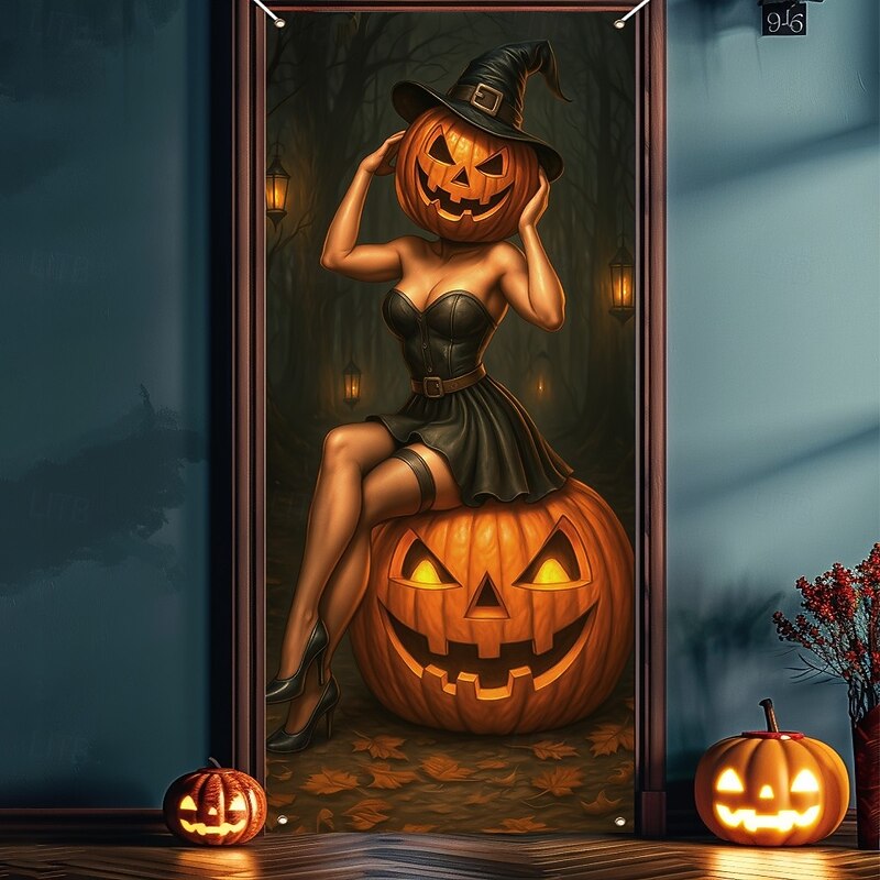 Halloween Door Cover – Pumpkin Head Woman with Jack-o'-Lanterns, Haunted House Entrance Banner, Scary Outdoor & Indoor Decoration for 2025 Halloween Bedroom, Living Room, Bathroom2