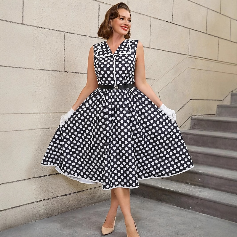 Retro Vintage 1950s Grease Outfits Rockabilly Midi A Line Dress Flare Dress Plus Size With Belt Polka dots A-Line Fancy Dress Women's Vacation Homecoming Party & Evening Adults Dress Belt