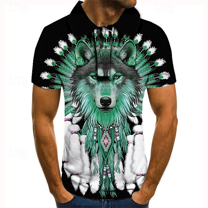 Men's Wolf Polo Shirts Golf Shirt Short Sleeve Polo Shirts Collared Shirts Casual Funny Streetwear Vacation Wear Party Outfits 3D Print Buttons Black Red Blue3