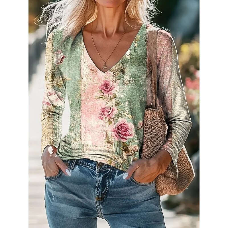 Women's Blouse Floral Bohemia Daily Long Sleeve V Neck Regular Tops Daily Holiday Print Sage Green Light Green Blue Orange Green Summer Spring Fall3