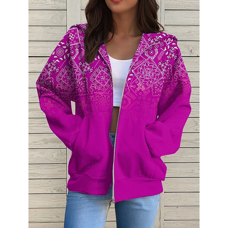 Women's Hooded Sweatshirt Jacket Long Sleeve Zip Up Hoodie With Pocket Lightweight Casual Micro-elastic Graphic Geometric Active Front Pocket Light Green Red Blue Purple Green Spring Fall4