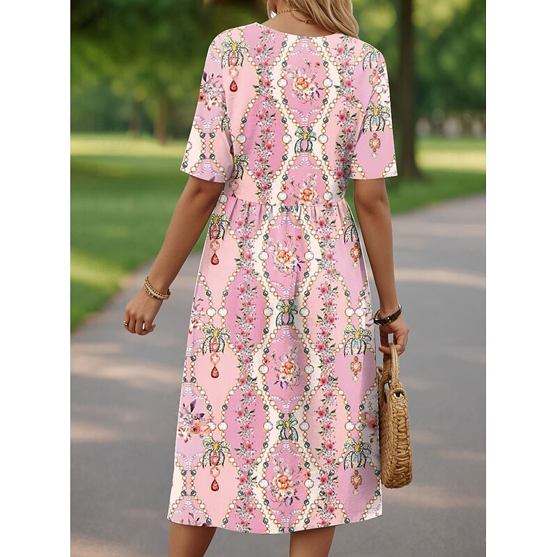 Women's Midi Dress Casual Dress Sundress A Line Dress Summer Dress Vacation Casual Beach Holiday Loose Fit Floral Graphic Short Sleeve Crew Neck Pink Blue Purple Green Summer Fall2