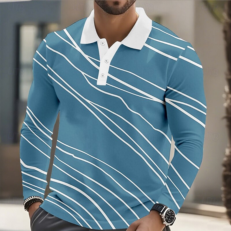 Men's Geometic Line Polo Long Sleeve Polo Shirts Lapel Business Casual Athleisure Daily Wear 3D Print Buttons Spring Fall Winter Blue Green Light Blue