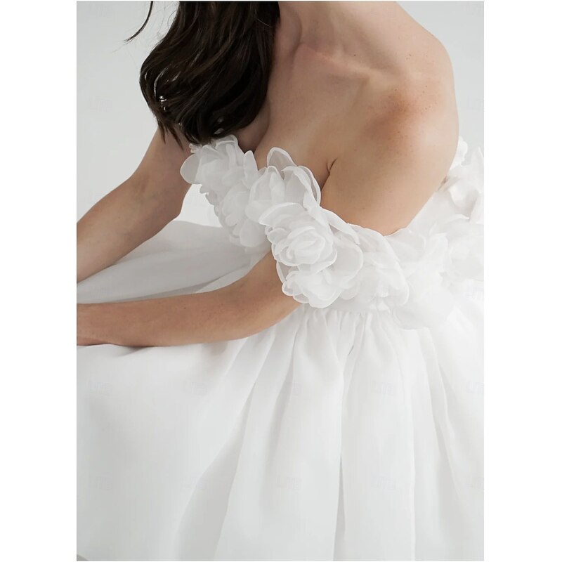 A-Line Cocktail Dresses Little White Dresses Dress Homecoming Short / Mini Short Sleeve Off Shoulder Organza with Pleats Shouder Flower4