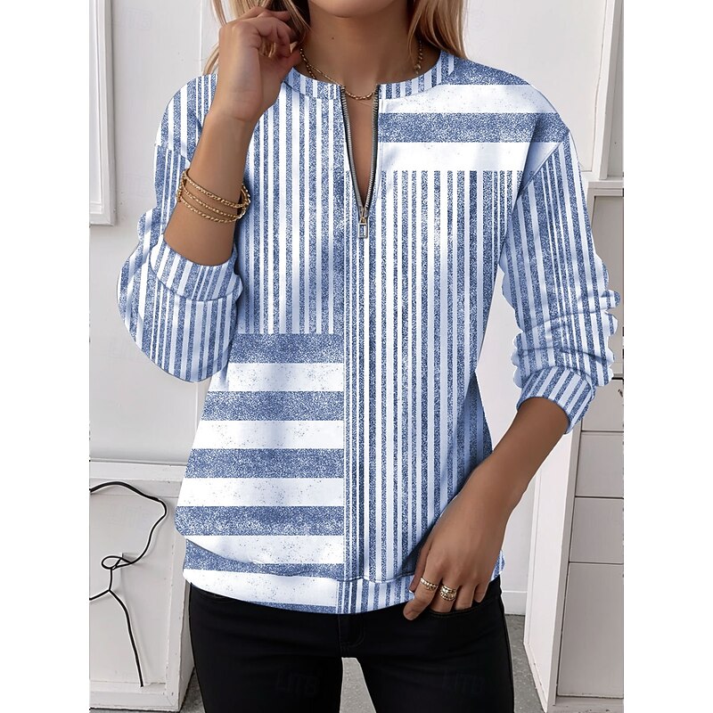 Women's Quarter Zipper Sweater Graphic Striped Casual Long Sleeve Crew Neck Regular Tops Street Dailywear Half Print Blue Purple Green Gray Spring Fall Winter3