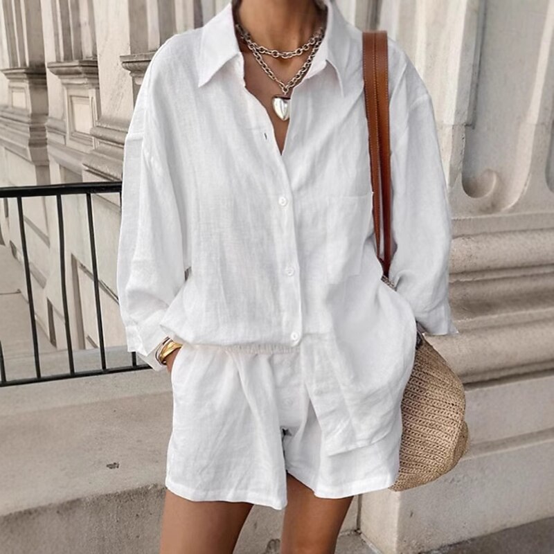Women 100% Cotton Elegant Vacation Vintage Shorts Sets Long Sleeve Shirt Collar Plain Vacation Casual Daily White Summer2