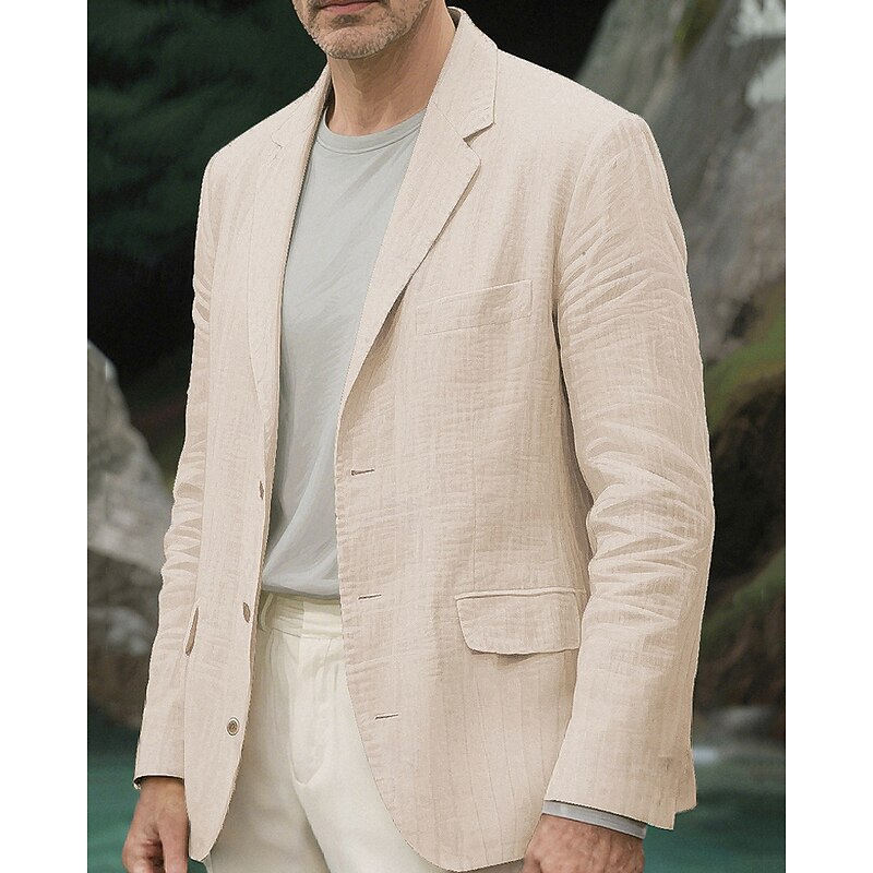 Men's Blazer Business Cocktail Party Wedding Party Fashion Casual Spring Fall Polyester Plain Pocket Buttons Comfortable Single Breasted Blazer Light Green Navy Blue Brown khaki