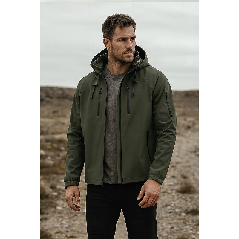 Men's Outdoor Jacket Zipper Pocket Multiple Pockets Spring Fall Winter Solid Color Sports Neutral Hooded Black White Army Green Rose Red Jacket