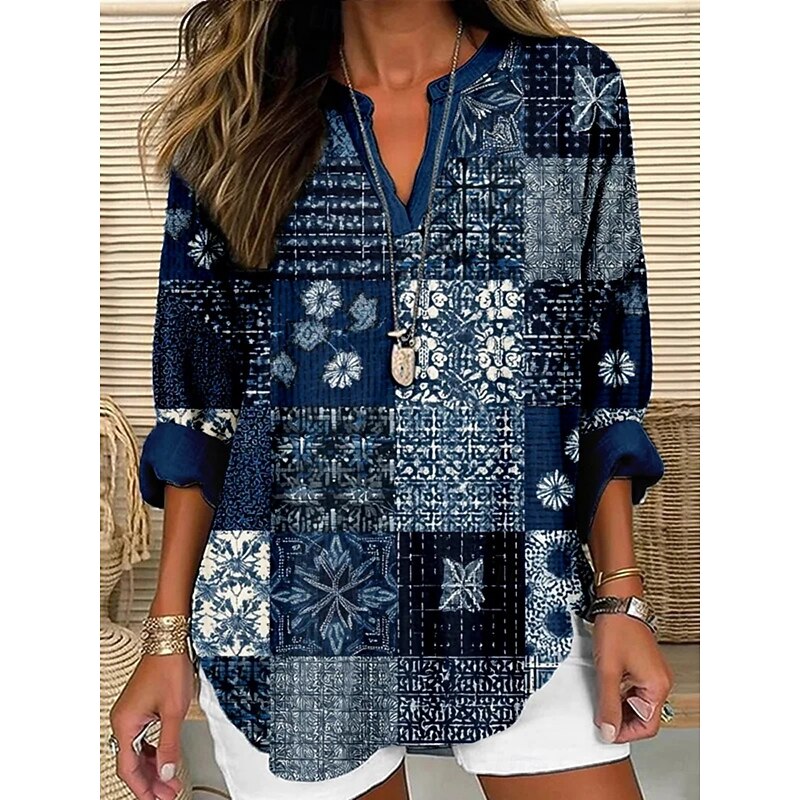 Women's Shirt Floral Color Block Vintage Daily Casual Long Sleeve V Neck Regular Tops Daily Holiday Buttons Print Navy Blue Spring Fall - Main Image
