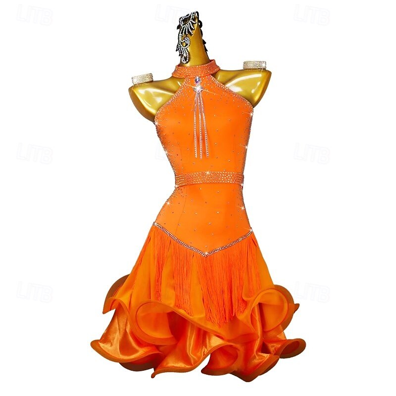 Latin Dance Dress Crystal / Rhinestone Tassel Splicing Women's Performance Training Sleeveless Nylon4