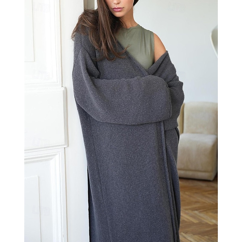 Women's Sweater Cardigan Fashion Streetwear Daily Solid Color Ribbed Open Front Knitted Long Sleeve Long Tops Knit Holiday Going out Weekend White Yellow Fall Winter4