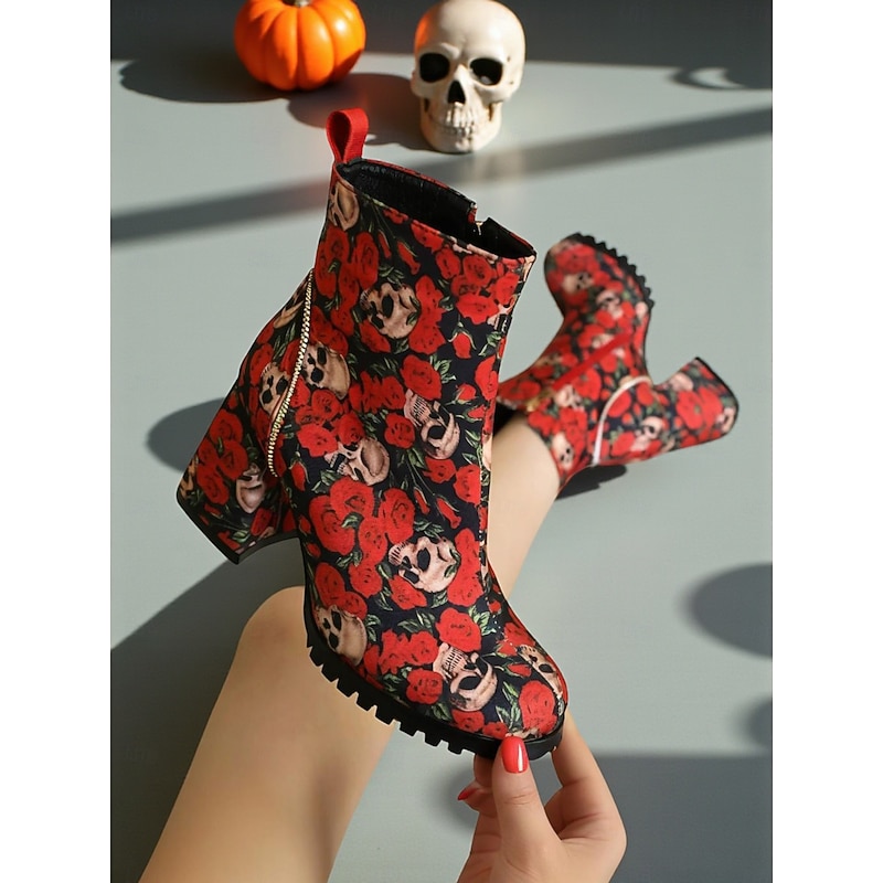 Women's Halloween Skull and Rose Print Ankle Boots – Chunky Block Heel Gothic Style Side Zipper Booties for Cosplay, Parties, and Autumn Festivals2